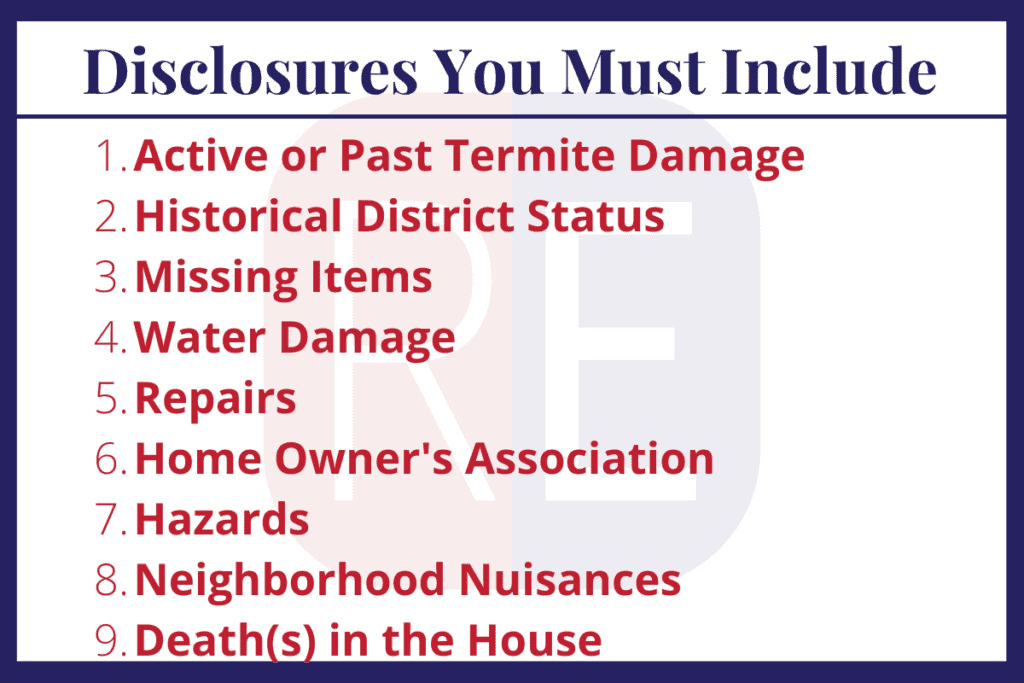 List showing disclosures that must be included in your property seller's disclosure